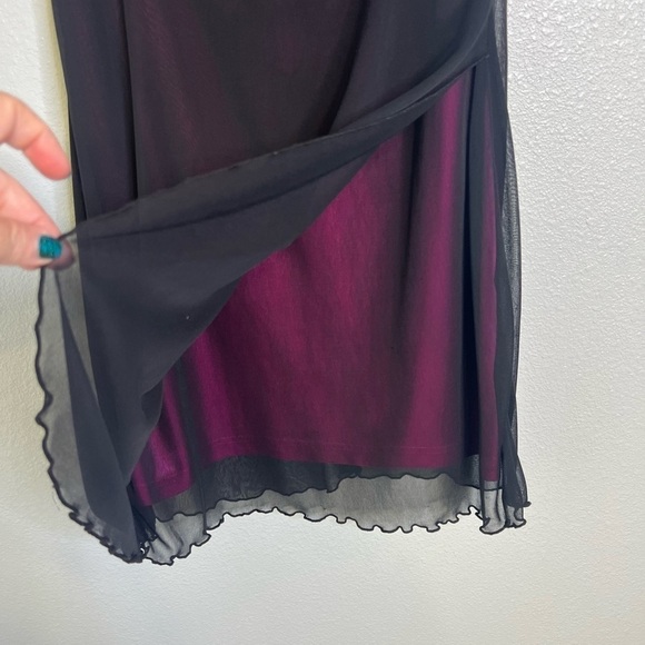 Vintage Scarlett Black Sheer Overlay Hot Pink Ruffle Collar Hem Mini Shirt Dress - Picture 10 of 13